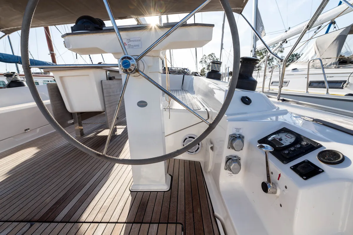 Cockpit of Breathless, a Bavaria Cruiser 56 sailboat at Municipal Unit of Lefkada, Greece