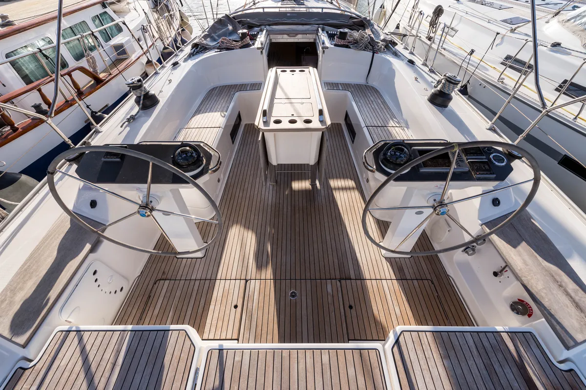 Cockpit of Breathless, a Bavaria Cruiser 56 sailboat at Municipal Unit of Lefkada, Greece