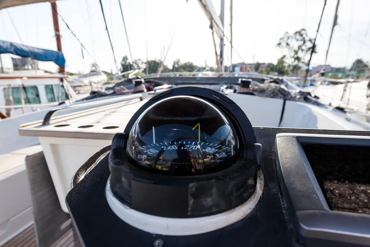 Cockpit of Breathless, a Bavaria Cruiser 56 sailboat at Municipal Unit of Lefkada, Greece