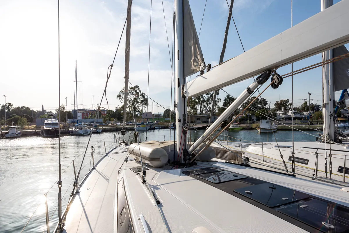 Deck of Breathless, a Bavaria Cruiser 56 sailboat at Municipal Unit of Lefkada, Greece