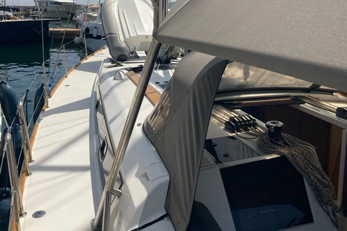 Deck of Newt, a Dufour 460 GL sailboat at Olbia, Italy
