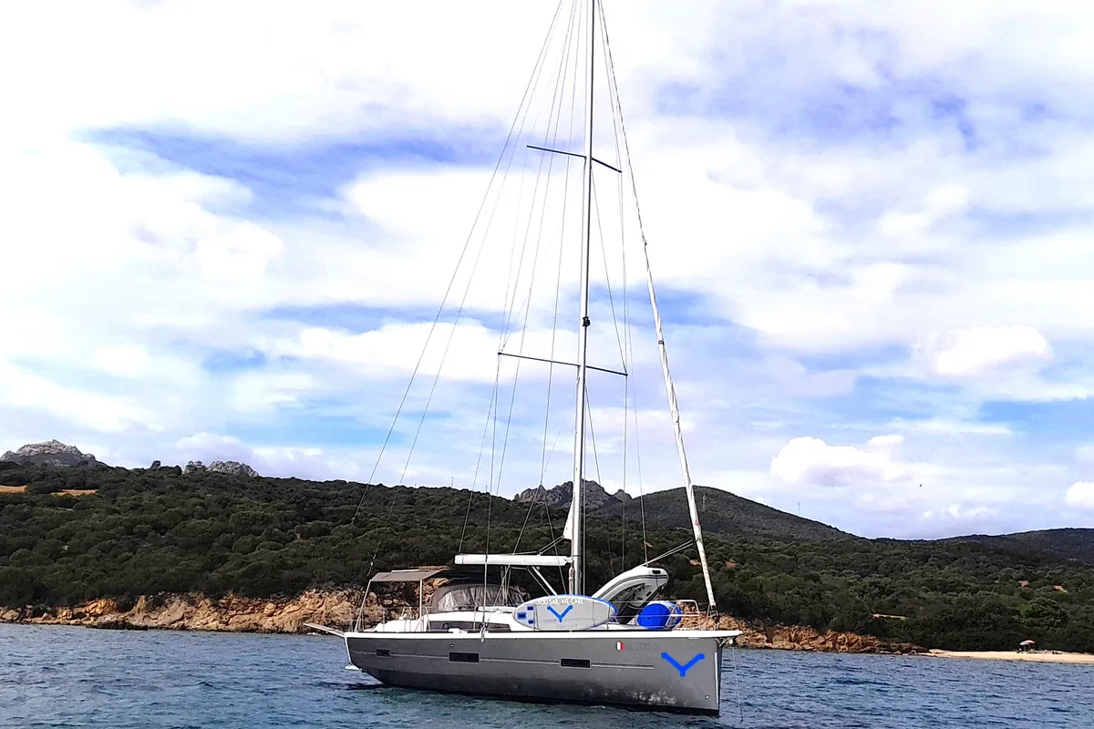 Exterior view of Newt, a Dufour 460 GL sailboat at Olbia, Italy