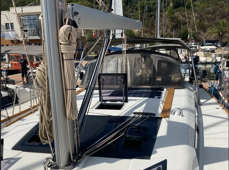 Deck of Newt, a Dufour 460 GL sailboat at Olbia, Italy