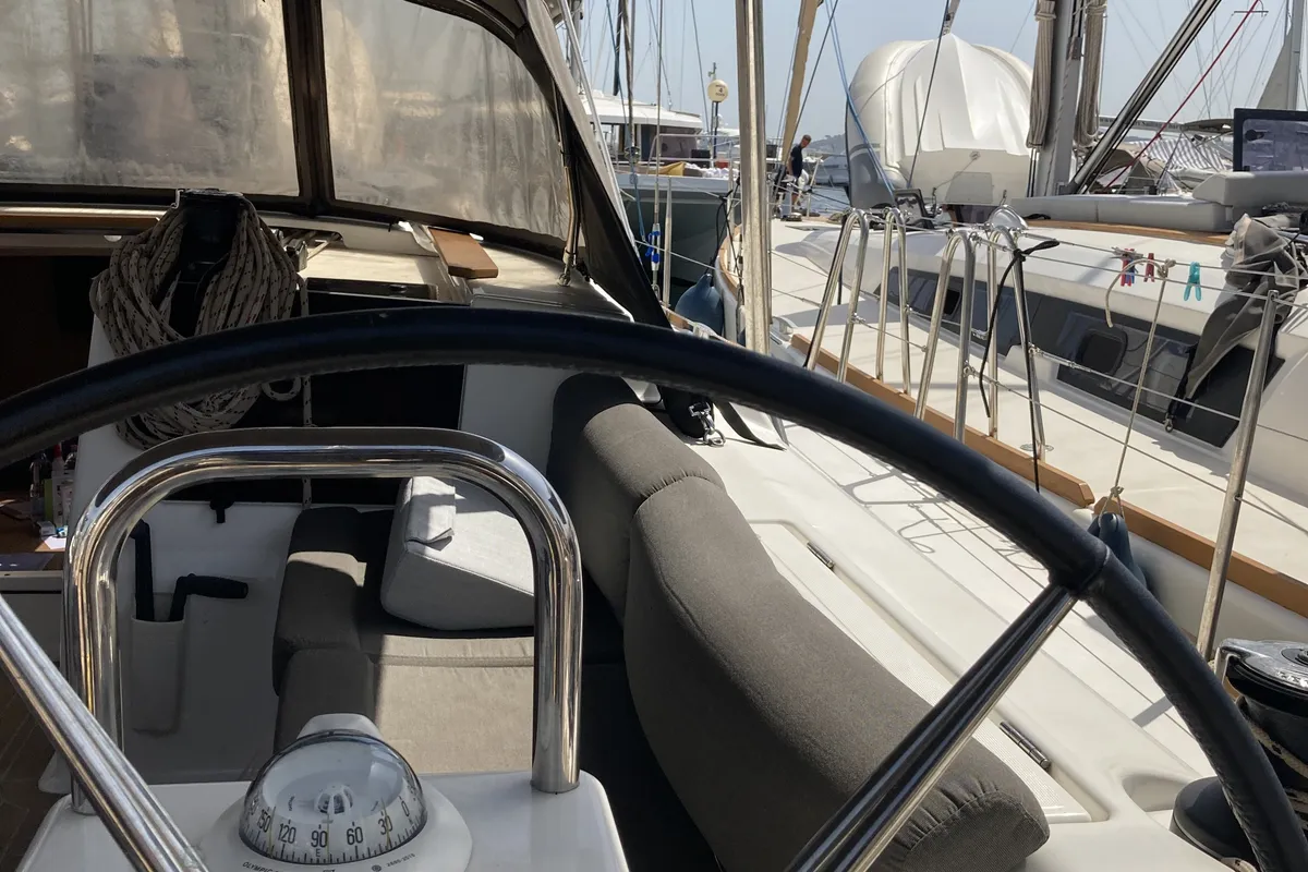Cockpit of Newt, a Dufour 460 GL sailboat at Olbia, Italy