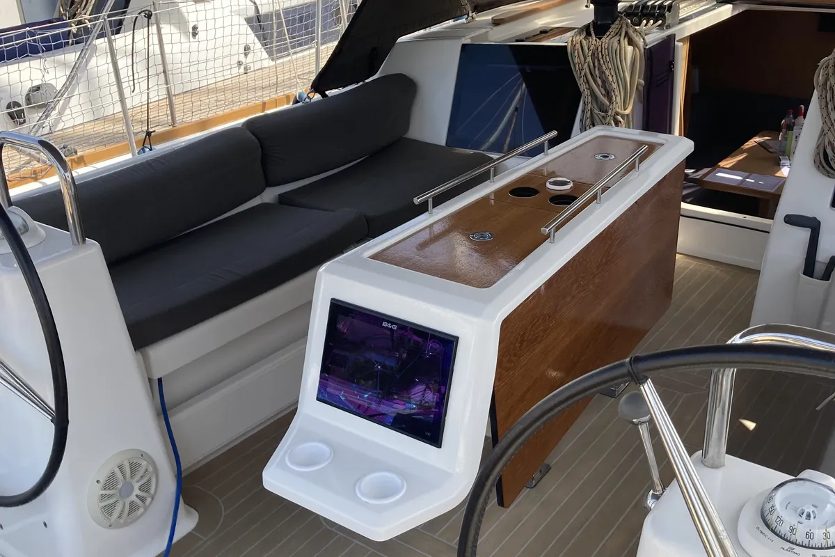 Cockpit of Newt, a Dufour 460 GL sailboat at Olbia, Italy