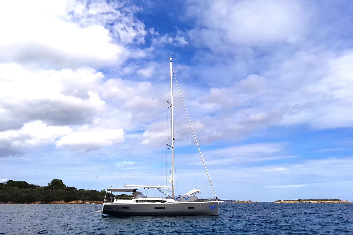 Exterior view of Newt, a Dufour 460 GL sailboat at Olbia, Italy