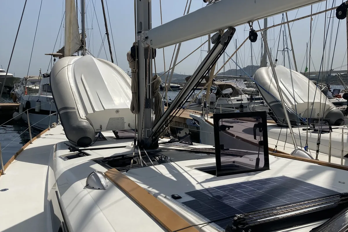 Deck of Newt, a Dufour 460 GL sailboat at Olbia, Italy