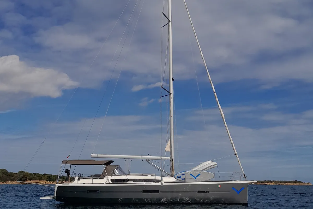 Exterior view of Newt, a Dufour 460 GL sailboat at Olbia, Italy