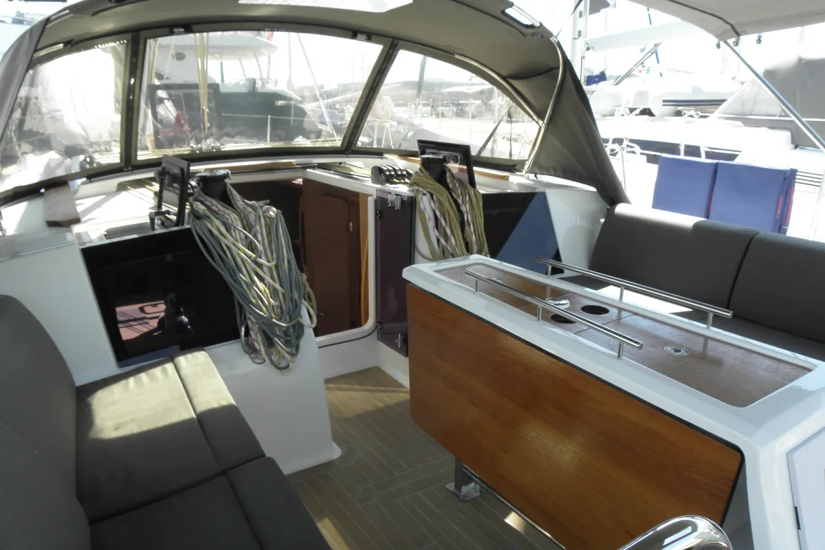Cockpit of Newt, a Dufour 460 GL sailboat at Olbia, Italy
