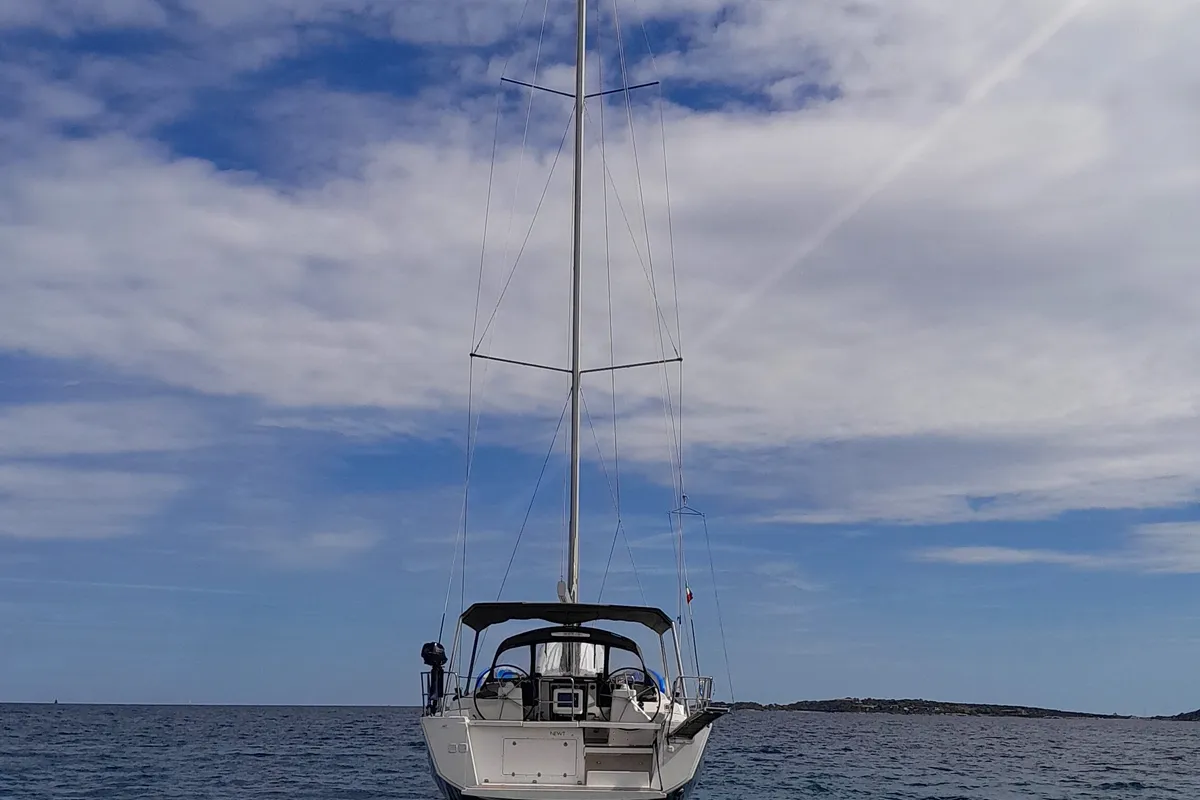 Exterior view of Newt, a Dufour 460 GL sailboat at Olbia, Italy