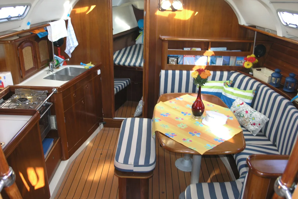 Salon of Ouranos, a Beneteau Oceanis 381 sailboat at Municipal Unit of Lefkada, Greece