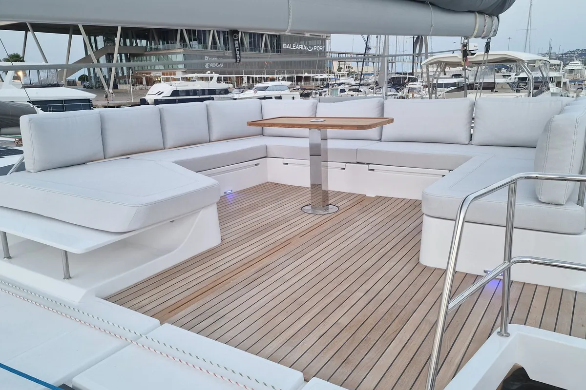 Deck of Good Luck, a Aventura 45 catamaran at Grimaud, France