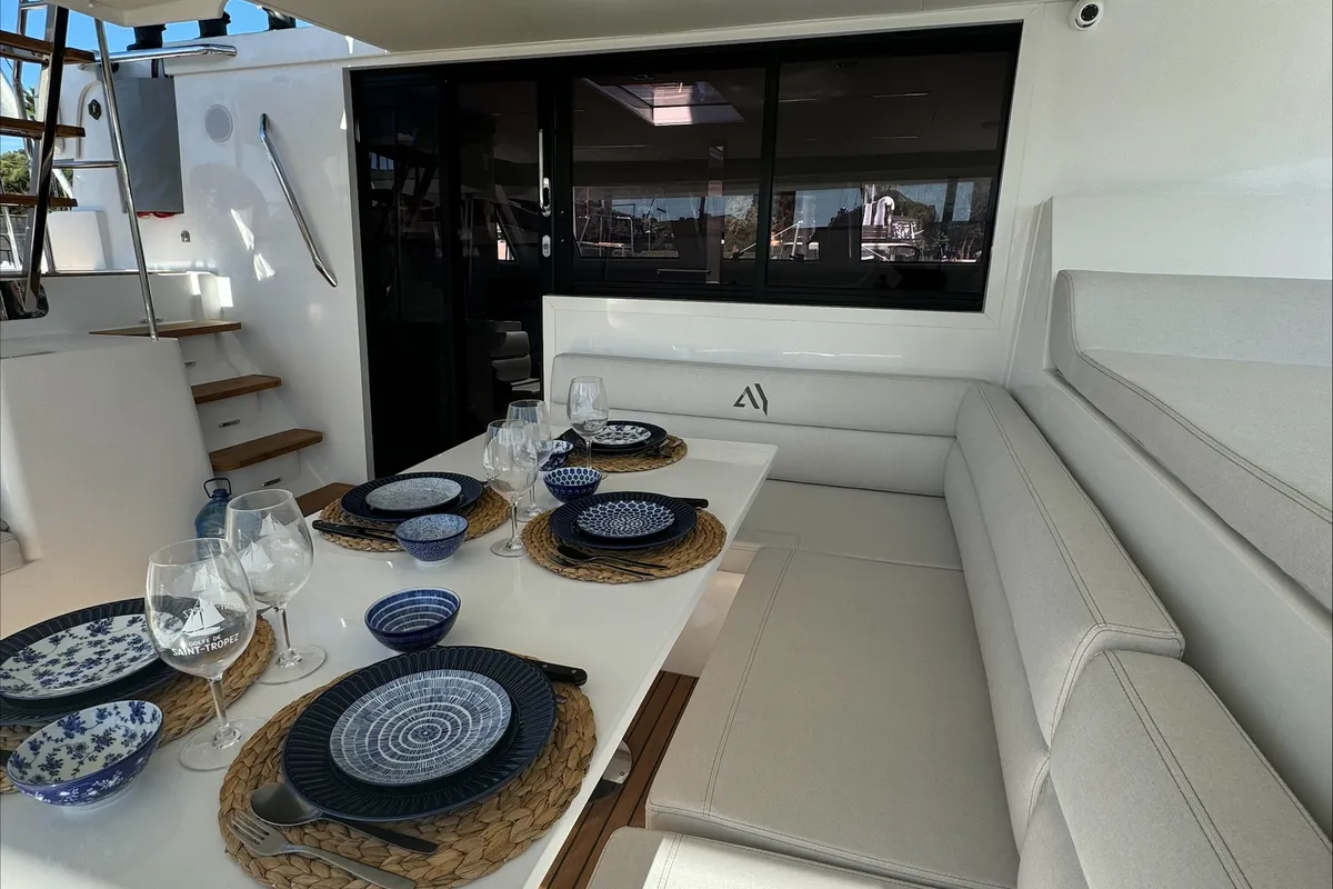Deck of Good Luck, a Aventura 45 catamaran at Grimaud, France