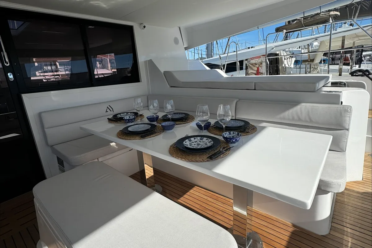 Deck of Good Luck, a Aventura 45 catamaran at Grimaud, France