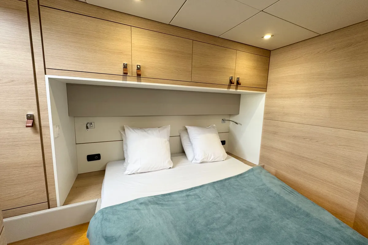 Cabin on Good Luck, a Aventura 45 catamaran at Grimaud, France