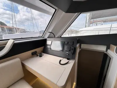 Cockpit of Good Luck, a Aventura 45 catamaran at Grimaud, France