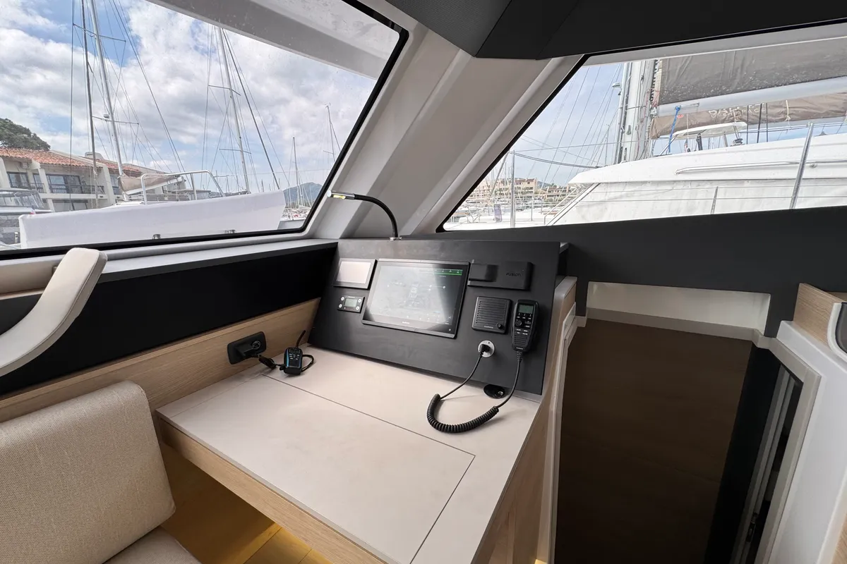 Cockpit of Good Luck, a Aventura 45 catamaran at Grimaud, France