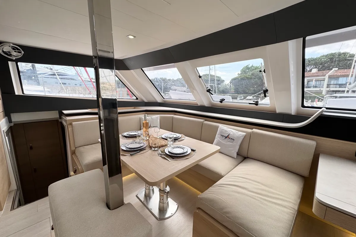Salon of Good Luck, a Aventura 45 catamaran at Grimaud, France