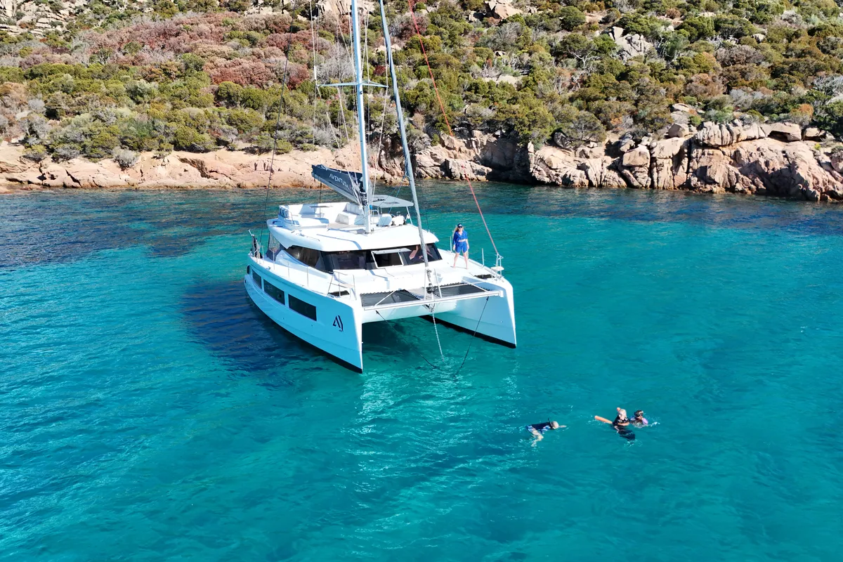 Exterior view of Good Luck, a Aventura 45 catamaran at Grimaud, France