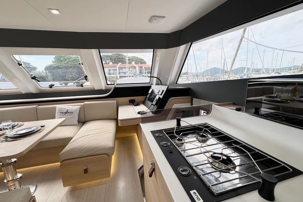 Salon of Good Luck, a Aventura 45 catamaran at Grimaud, France