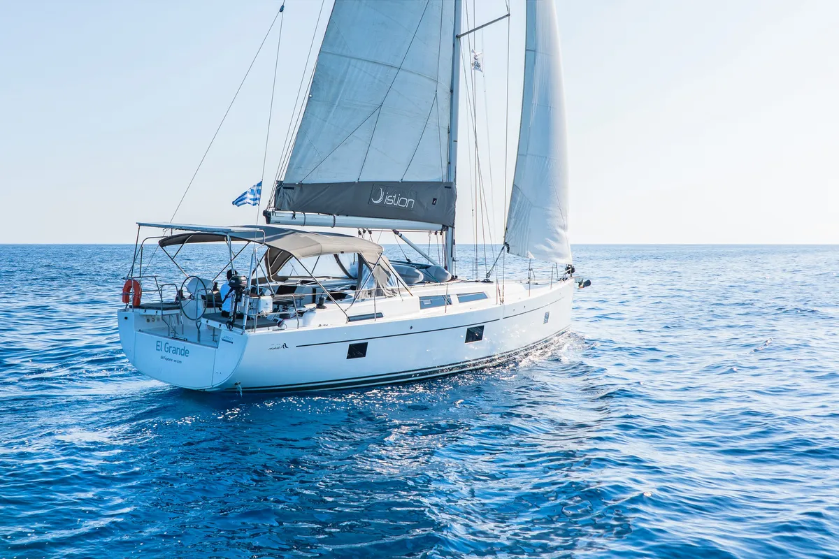 Exterior view of El Grande, a Hanse 508 sailboat at Municipal Unit of Rhodes, Greece