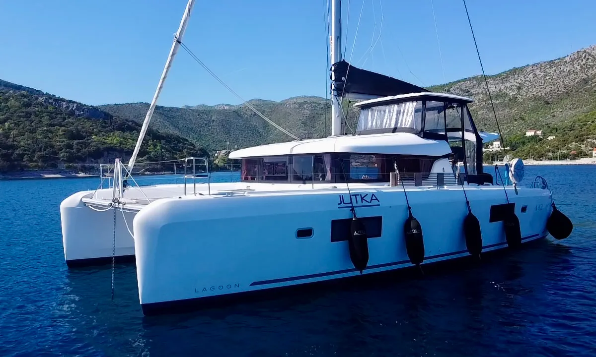 Exterior view of Jutka, a Lagoon 42 catamaran at Dubrovnik, Croatia