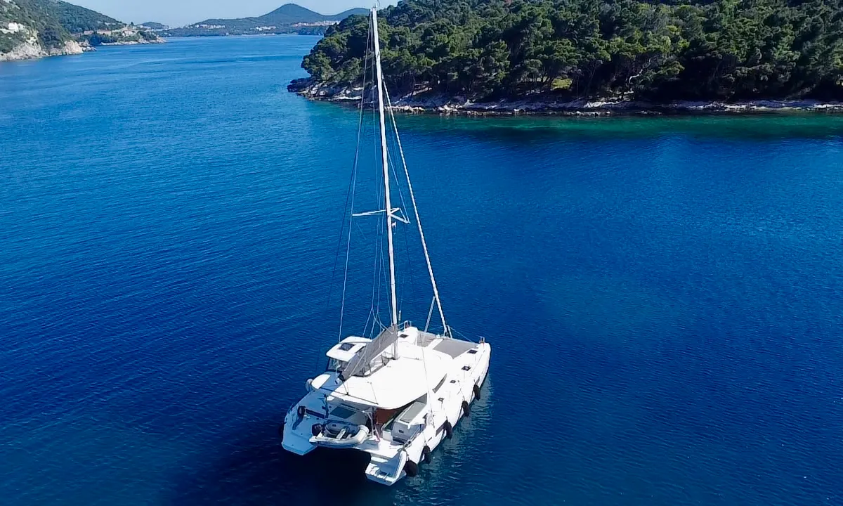 Exterior view of Jutka, a Lagoon 42 catamaran at Dubrovnik, Croatia