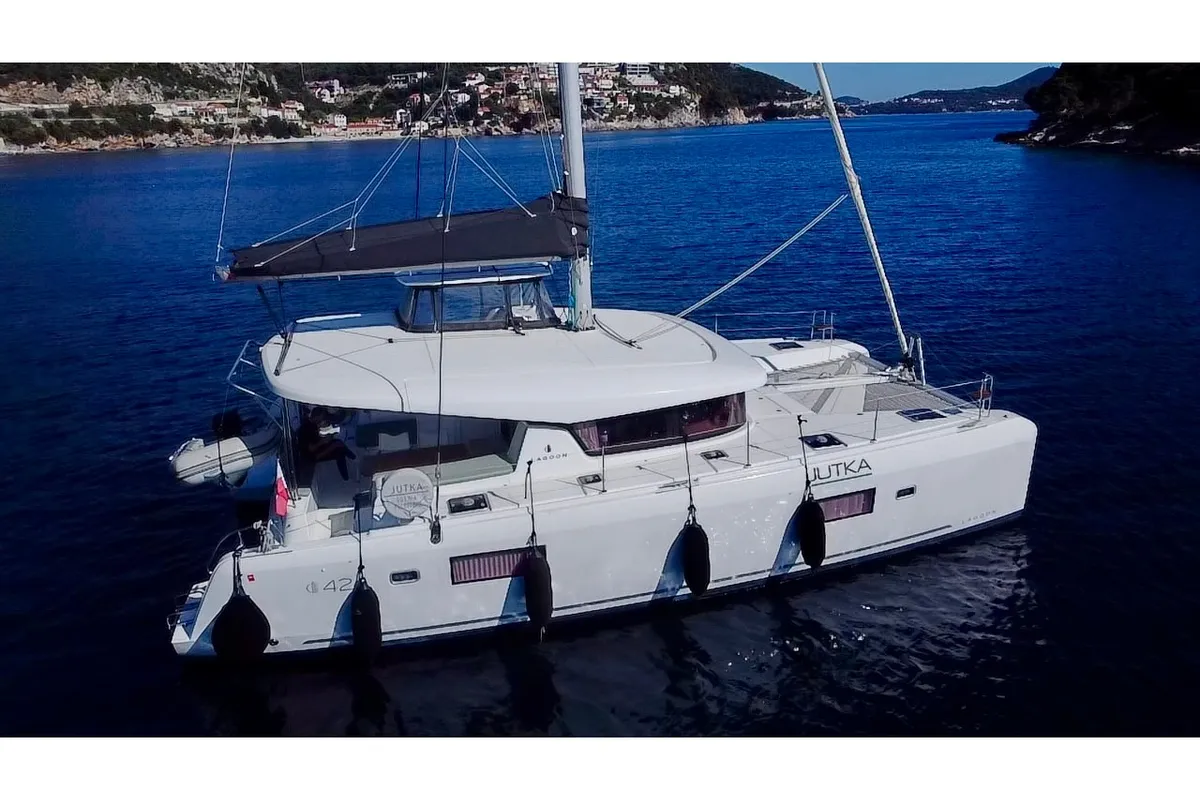 Exterior view of Jutka, a Lagoon 42 catamaran at Dubrovnik, Croatia