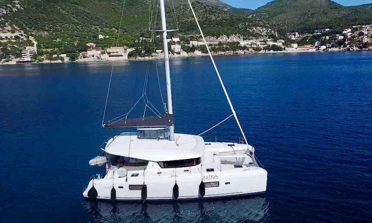 Exterior view of Jutka, a Lagoon 42 catamaran at Dubrovnik, Croatia