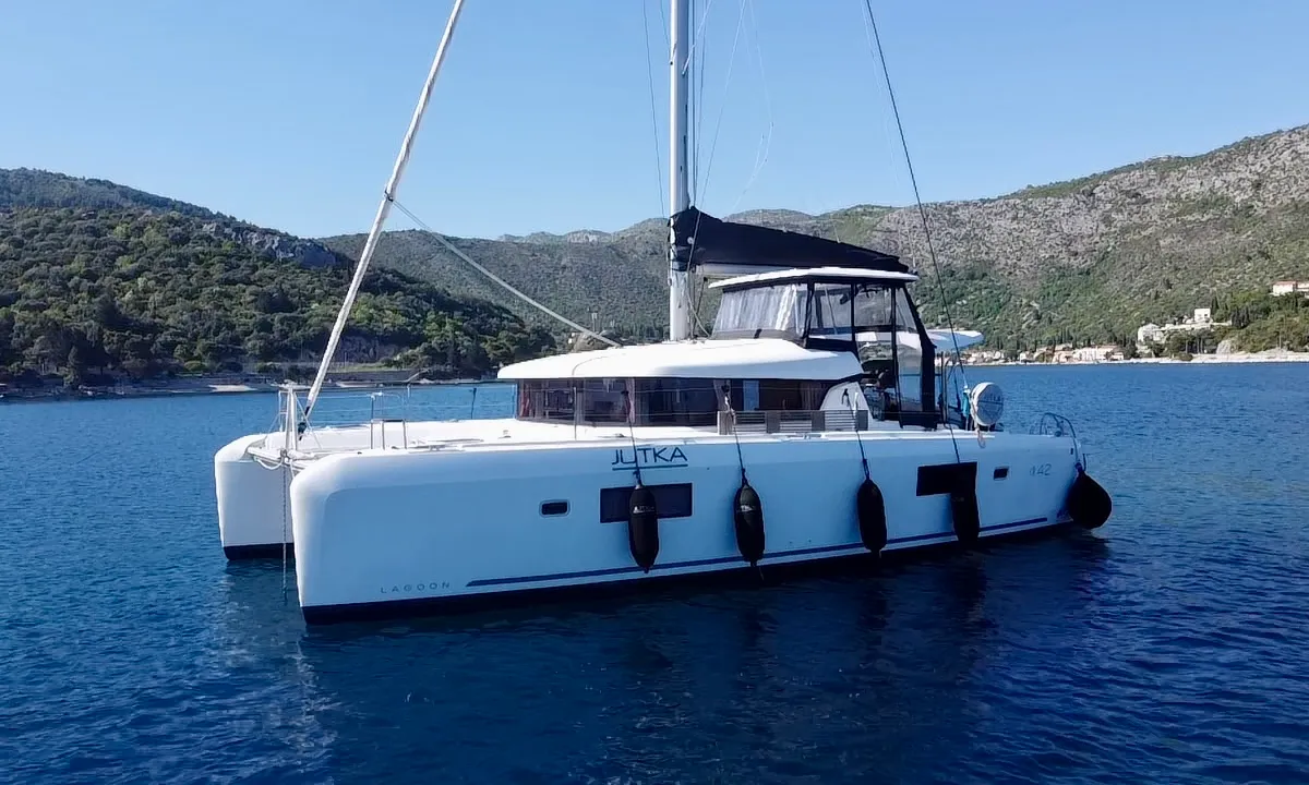 Exterior view of Jutka, a Lagoon 42 catamaran at Dubrovnik, Croatia