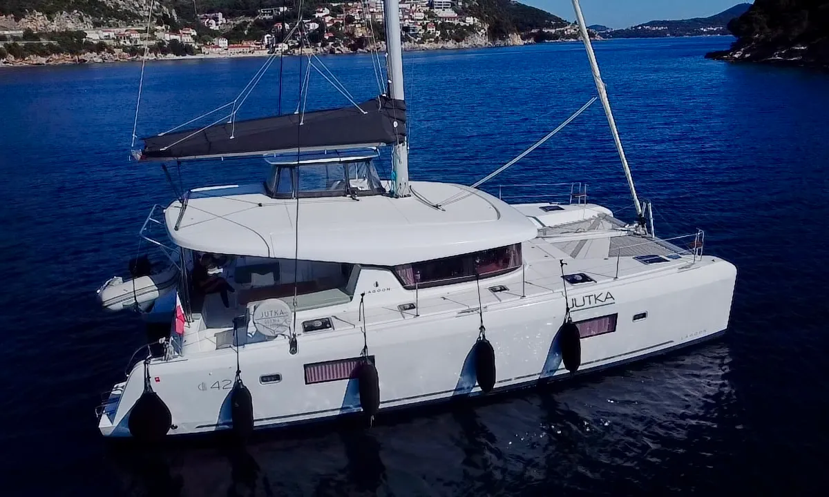Exterior view of Jutka, a Lagoon 42 catamaran at Dubrovnik, Croatia