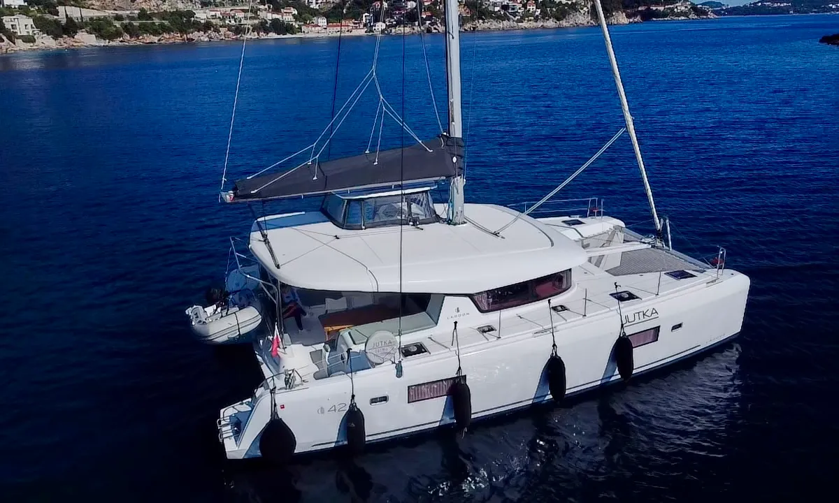 Exterior view of Jutka, a Lagoon 42 catamaran at Dubrovnik, Croatia