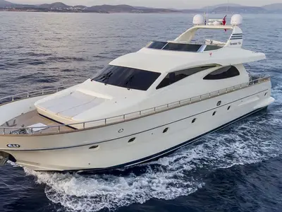 Exterior view of Why Not, a Canados 72 motor yacht at Cannigione, Italy