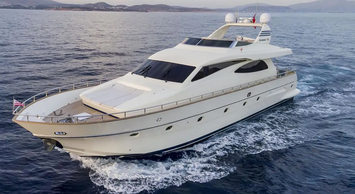 Exterior view of Why Not, a Canados 72 motor yacht at Cannigione, Italy