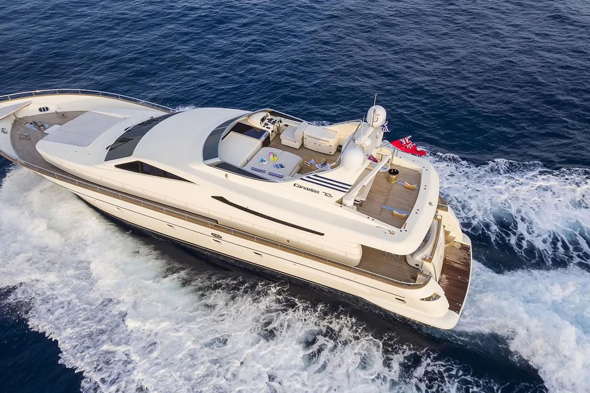 Exterior view of Why Not, a Canados 72 motor yacht at Cannigione, Italy