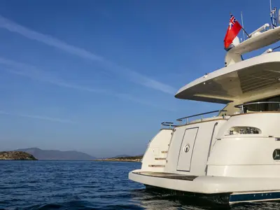 Deck of Why Not, a Canados 72 motor yacht at Cannigione, Italy
