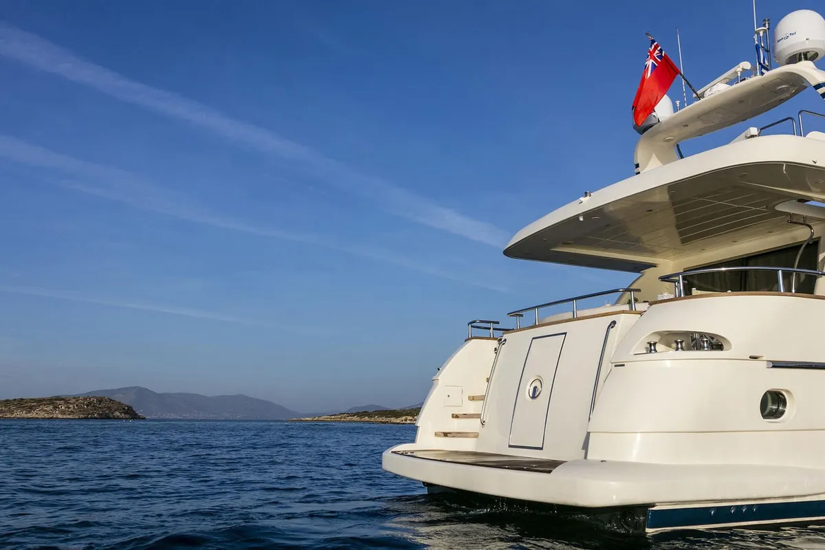 Deck of Why Not, a Canados 72 motor yacht at Cannigione, Italy