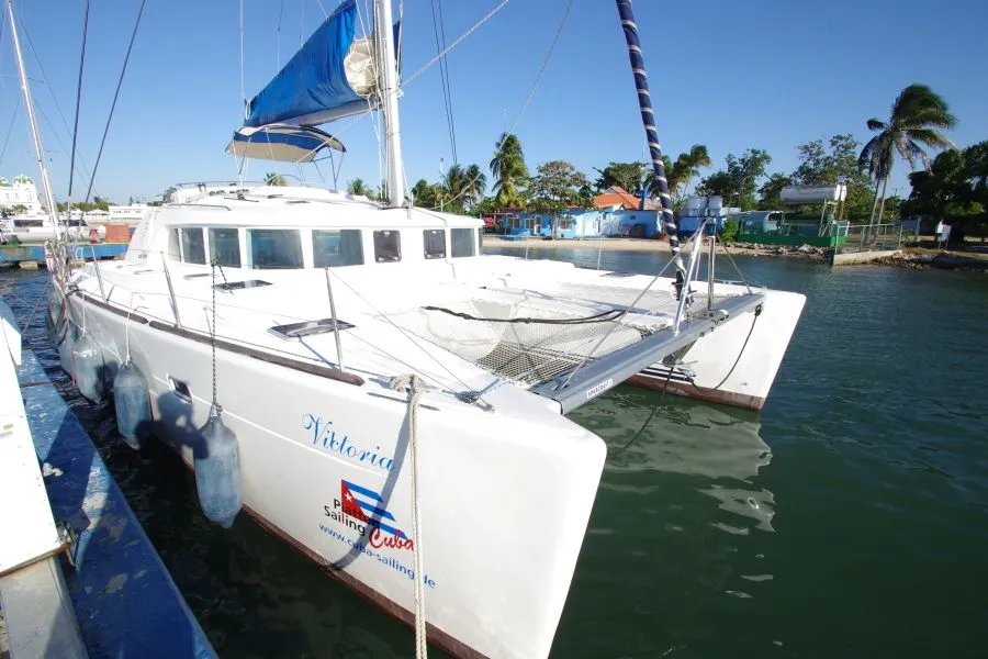 Exterior view of Victoria, a Lagoon 440 catamaran at Cienfuegos, Cuba
