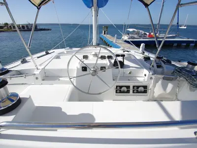 Cockpit of Victoria, a Lagoon 440 catamaran at Cienfuegos, Cuba