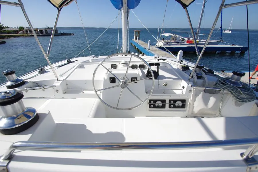 Cockpit of Victoria, a Lagoon 440 catamaran at Cienfuegos, Cuba