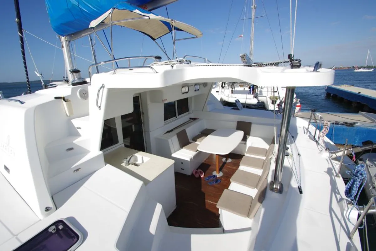 Deck of Victoria, a Lagoon 440 catamaran at Cienfuegos, Cuba