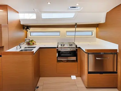 Cockpit of Mila, a Jeanneau Sun Odyssey 490 sailboat at Puntone di Scarlino, Italy
