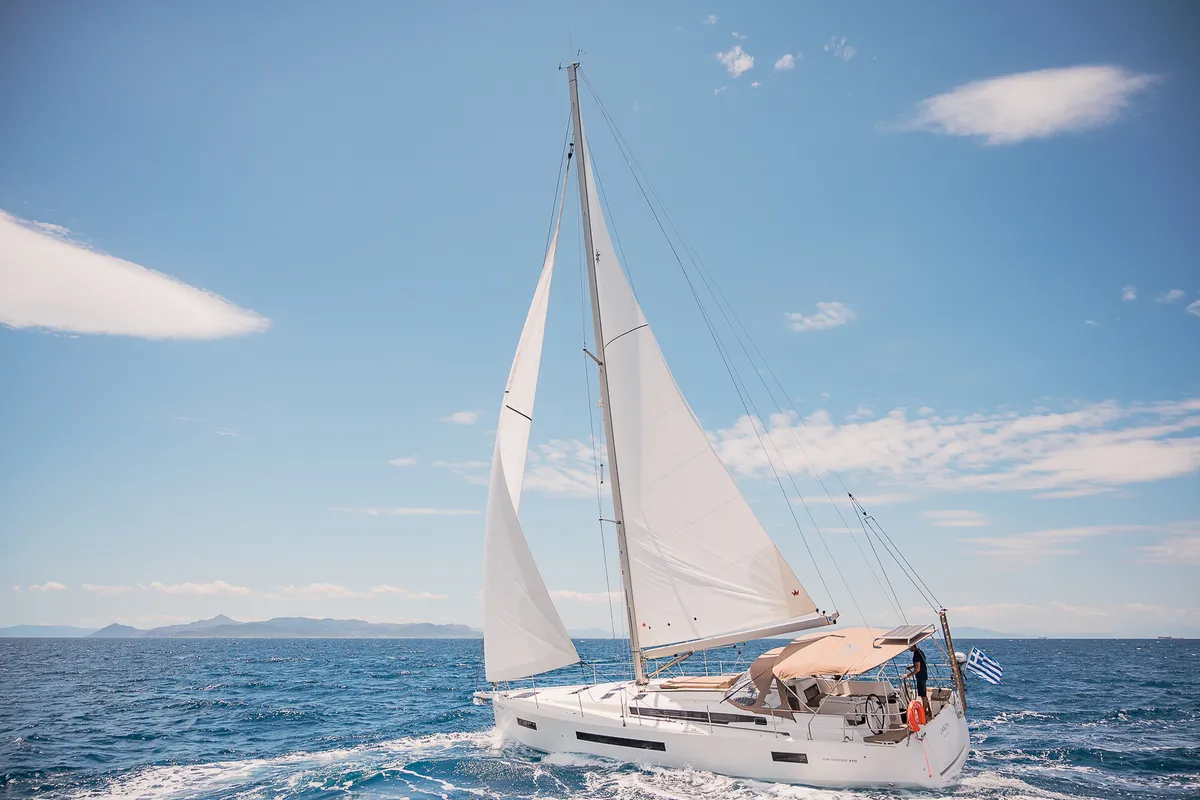 Exterior view of Jason, a Jeanneau Sun Odyssey 490 sailboat at Athens, Greece