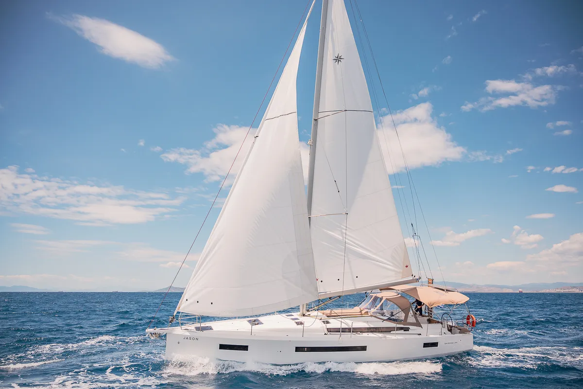 Exterior view of Jason, a Jeanneau Sun Odyssey 490 sailboat at Athens, Greece