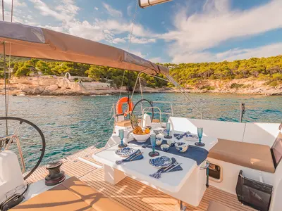 Deck of Jason, a Jeanneau Sun Odyssey 490 sailboat at Athens, Greece