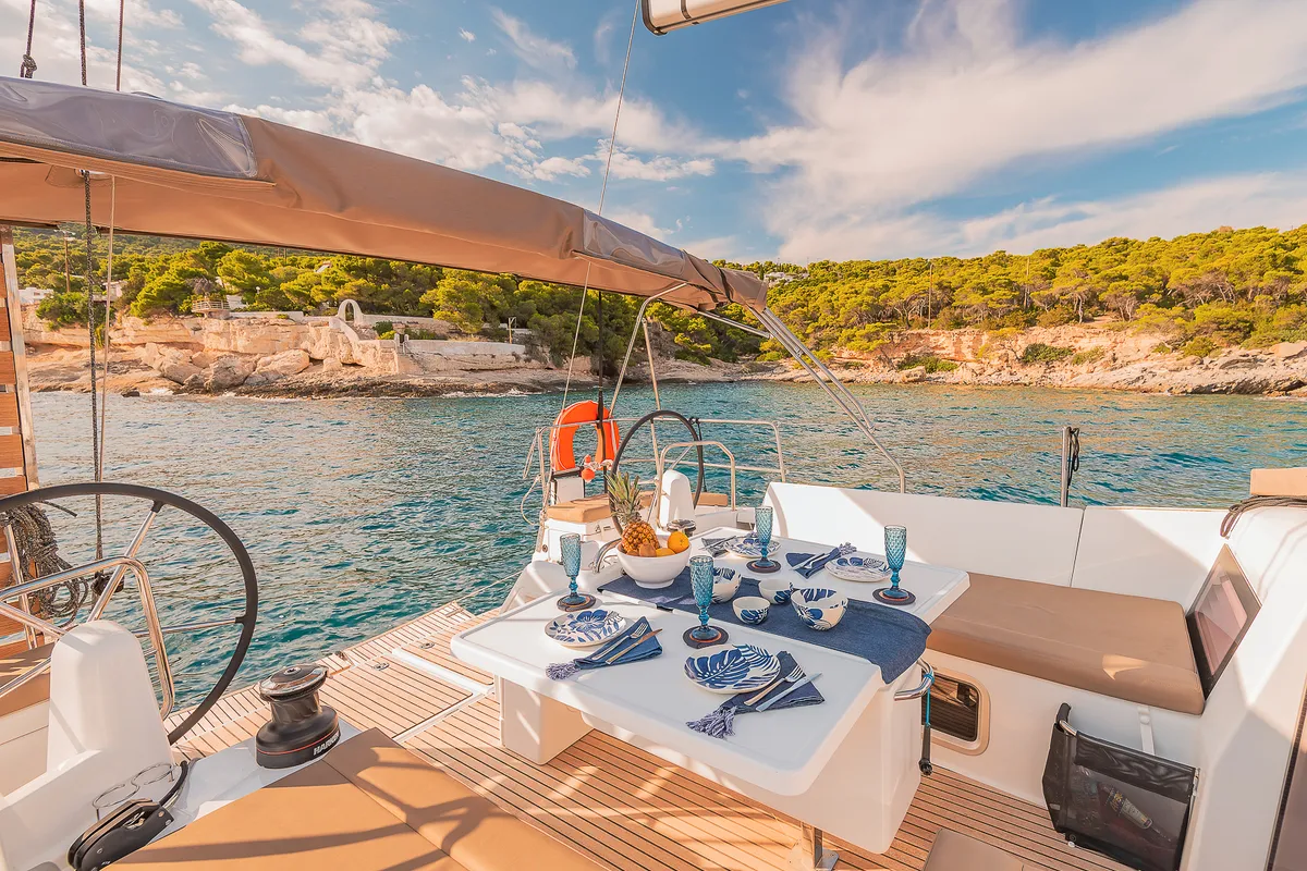 Deck of Jason, a Jeanneau Sun Odyssey 490 sailboat at Athens, Greece