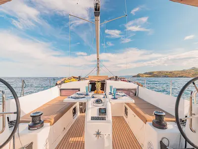 Cockpit of Jason, a Jeanneau Sun Odyssey 490 sailboat at Athens, Greece