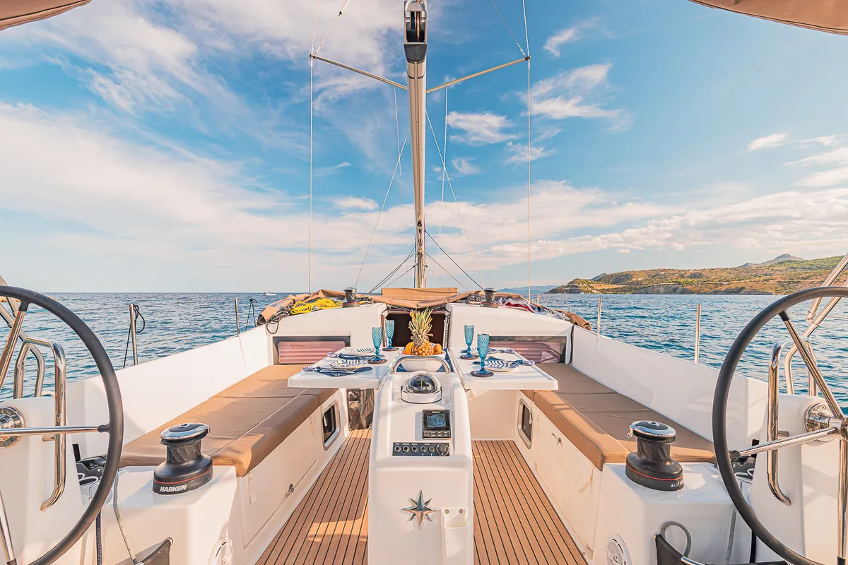 Cockpit of Jason, a Jeanneau Sun Odyssey 490 sailboat at Athens, Greece