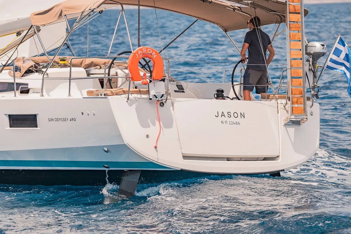 Cockpit of Jason, a Jeanneau Sun Odyssey 490 sailboat at Athens, Greece