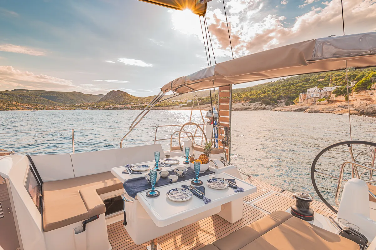 Cockpit of Jason, a Jeanneau Sun Odyssey 490 sailboat at Athens, Greece